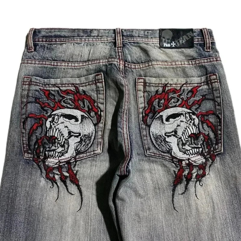 Y2K New Fashion Embroidered Solid Color Jeans Men Street Harajuku Hip Hop Gothic Casual Jeans Couple High Waist Wide Leg Pants