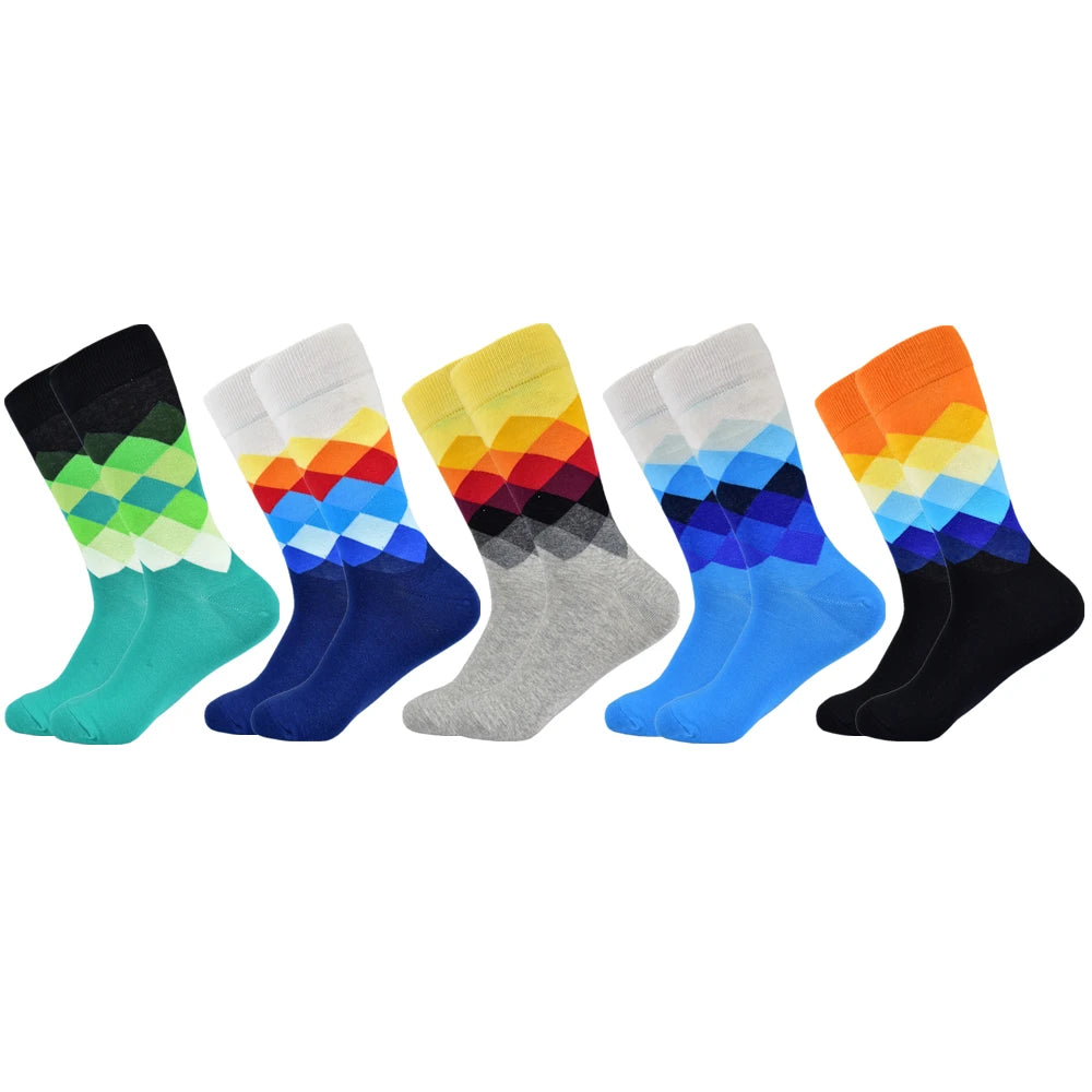Men Socks Standard Casual Happy Socks High Quality Diamond Pattern Cotton Socks 10 Colors Couple suit Men's plus size socks