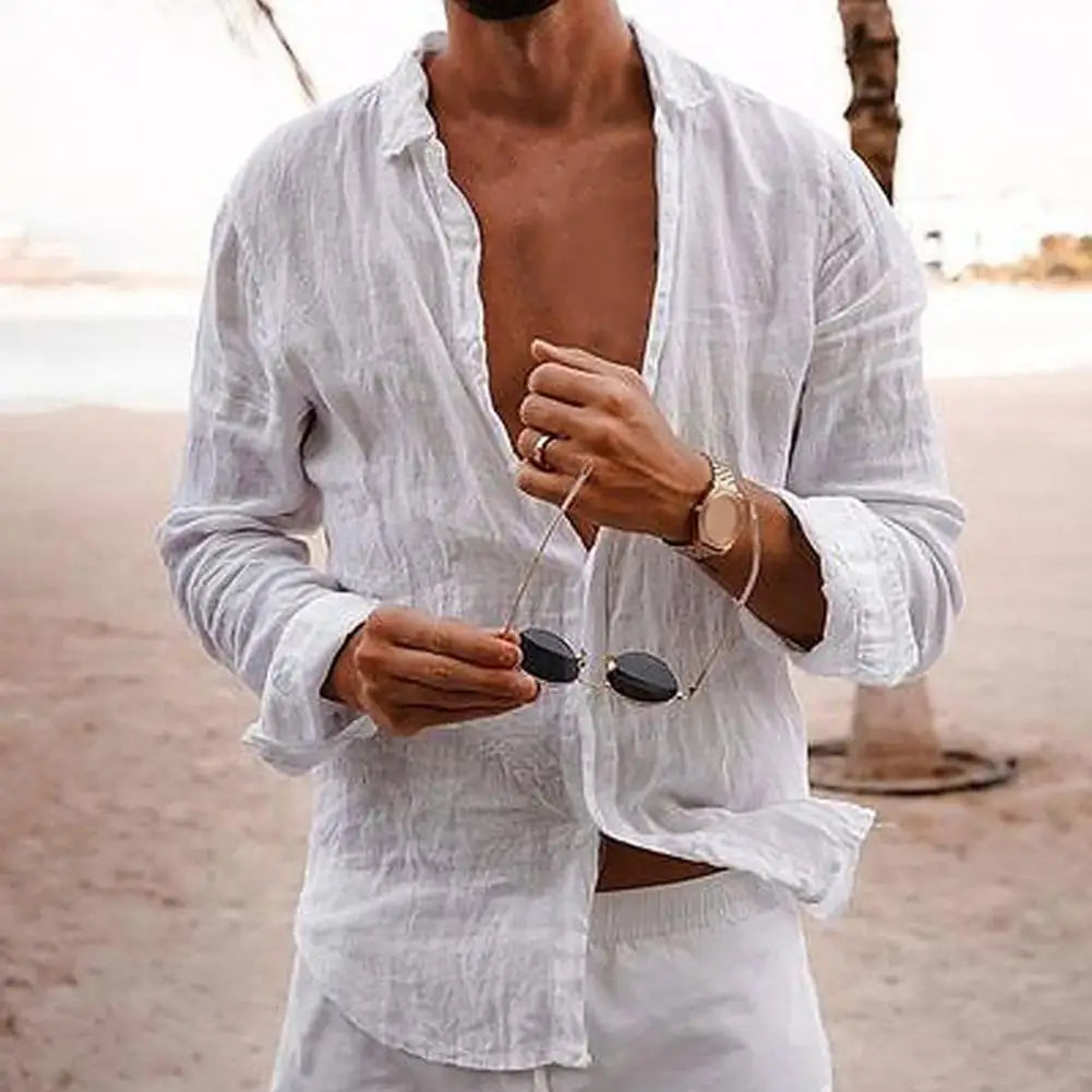 Cotton Linen Men Lapel Long Sleeve Shirt Tops Pleated Thin Solid Color Single Breasted V-neck Casual Shirt Tops Breathable Shirt