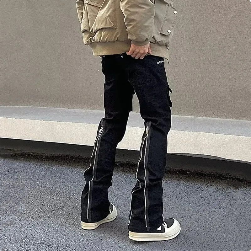 2023 Y2K Fashion Zipper Black Flared Jeans Cargo Pants For Men Designer Clothes Straight Solid Casual Long Trousers Ropa Hombre