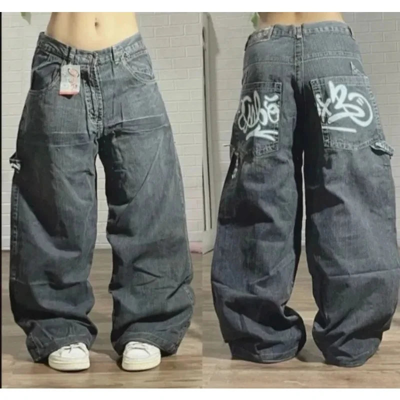 Y2K Harajuku Fashion Letter Embroidery Oversized Printed Baggy Jeans Men Street Retro Casual Gothic High Waist Wide Leg Trousers
