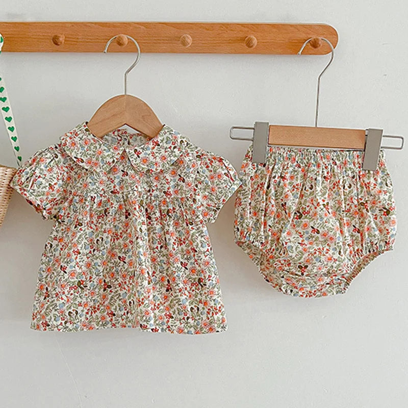 Korean Style Flower Summer 2024 Short Sleeves Tops+PP Shorts Suit Baby Girls Clothes Infant Baby Girls Clothing Suit