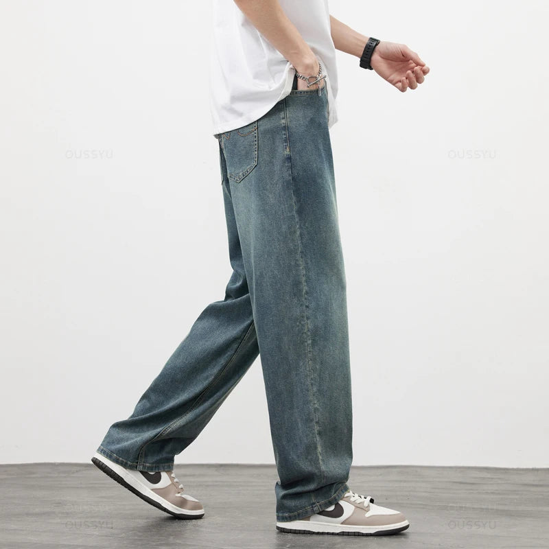 New Upgrade High Quality Soft Lyocell Fabric Jeans Men Summer Thin Loose Wide Leg Casual Pants Blue Retro Style Trousers Male