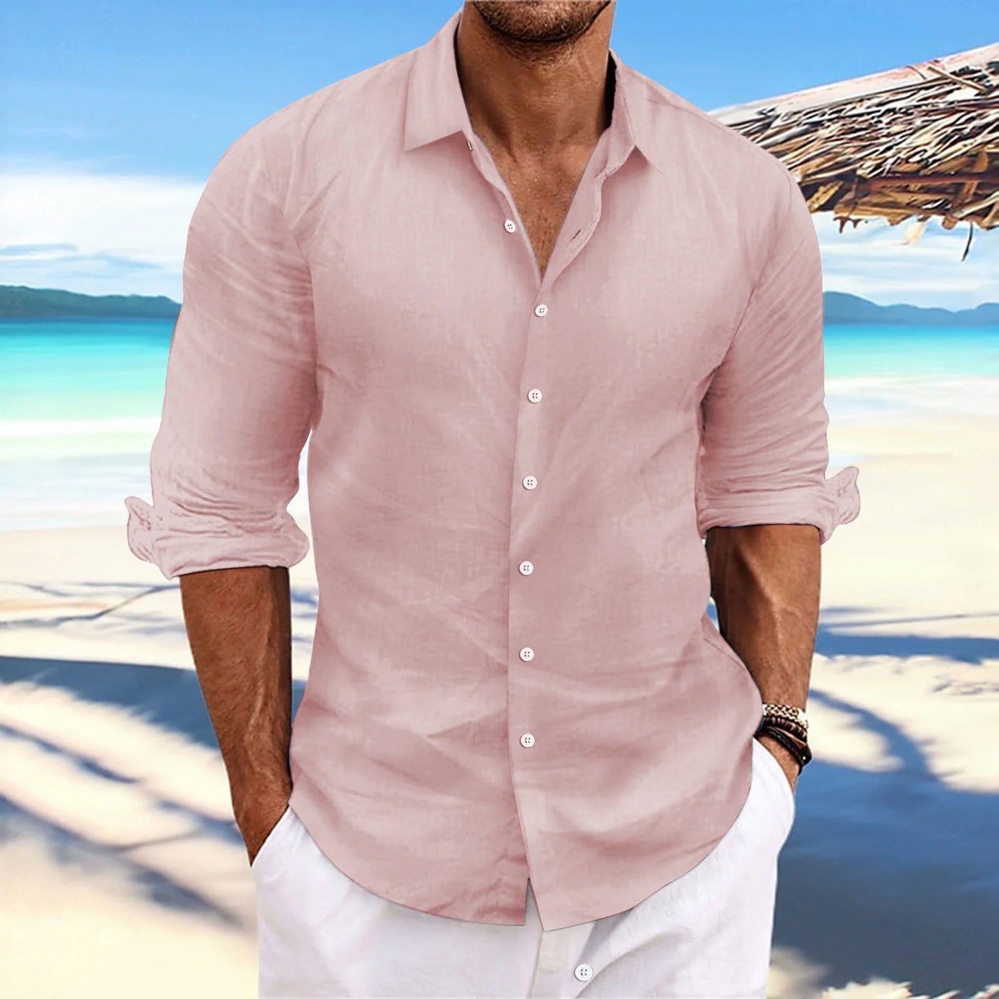 Men's Linen Long-Sleeved Shirts Spring Autumn 100%Cotton Solid Color Turn-down Collar Casual Style Plus