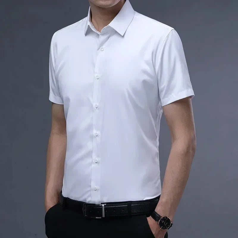 S-6XLHigh Quality Stretch Anti-Wrinkle Men Shirts Long Sleeve Dress Shirts For MaleSlim Social Business Blouse Solid Color Shirt