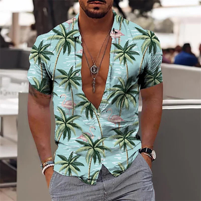 Hawaiian Shirt For Men Vacation Daily Slim Fit Tops Gym Elegant Flower Pattern Leaves Social Casual Fashion Camisa Y2k Clothing