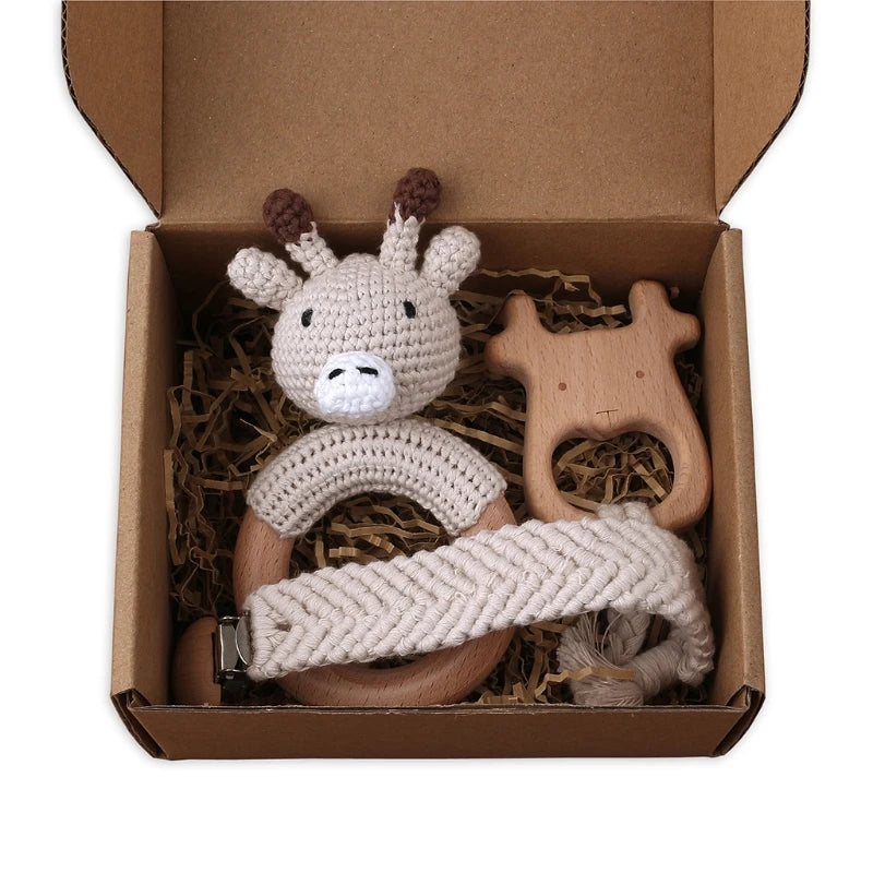 1Set Crochet Bunny Baby Teether Rattle Safe Beech Wooden Teether Ring Pacifier Clip Chain Set Newborn Mobile Gym Educational Toy