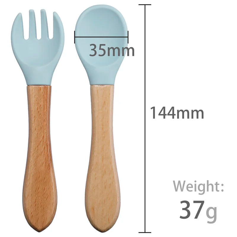 2pcs/set Food Grade Silicone Mini Fork Spoon For Baby Wooden Print Utensils Set Feeding Spoon Learn To Eat Children's Tableware