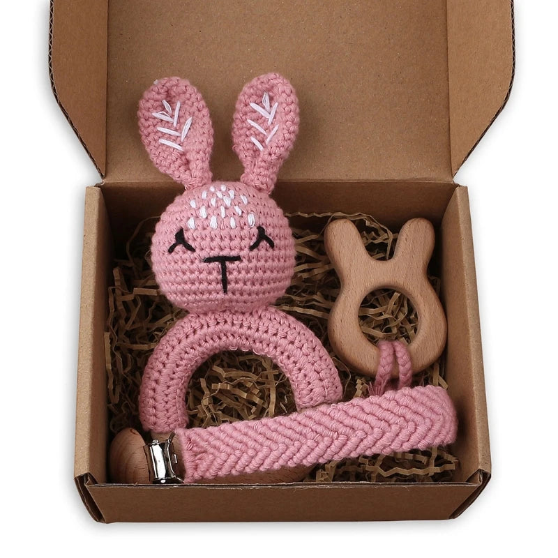 1Set Crochet Bunny Baby Teether Rattle Safe Beech Wooden Teether Ring Pacifier Clip Chain Set Newborn Mobile Gym Educational Toy