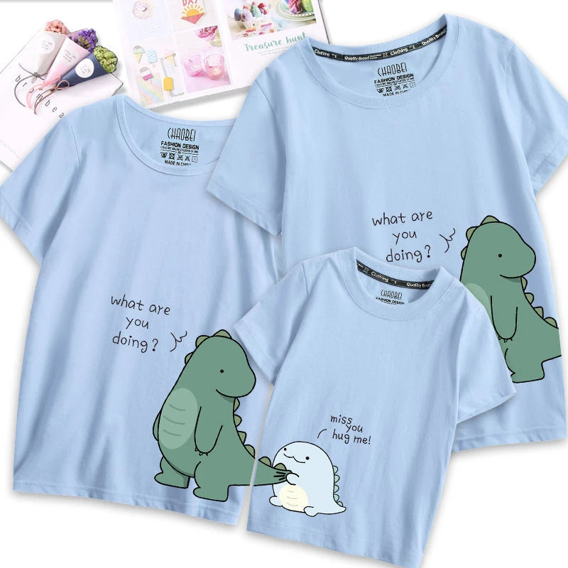 Family Matching Outfits Clothes Mother Dad and Kid Summer Cartoon Dinosaur T-Shirt Sport Clothing Cotton Parent Child Outfits