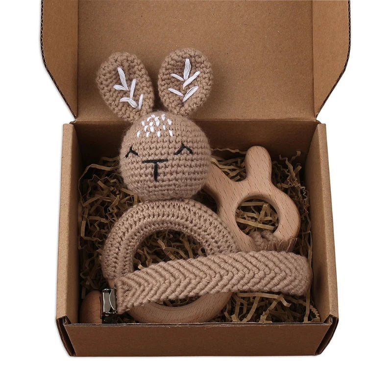 1Set Crochet Bunny Baby Teether Rattle Safe Beech Wooden Teether Ring Pacifier Clip Chain Set Newborn Mobile Gym Educational Toy