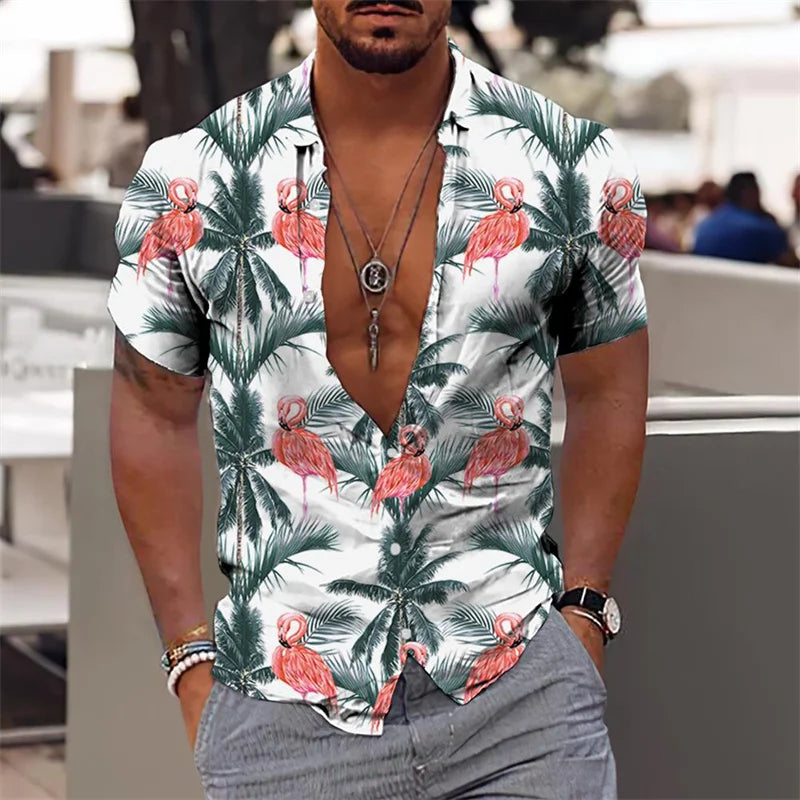 Hawaiian Shirt For Men Vacation Daily Slim Fit Tops Gym Elegant Flower Pattern Leaves Social Casual Fashion Camisa Y2k Clothing