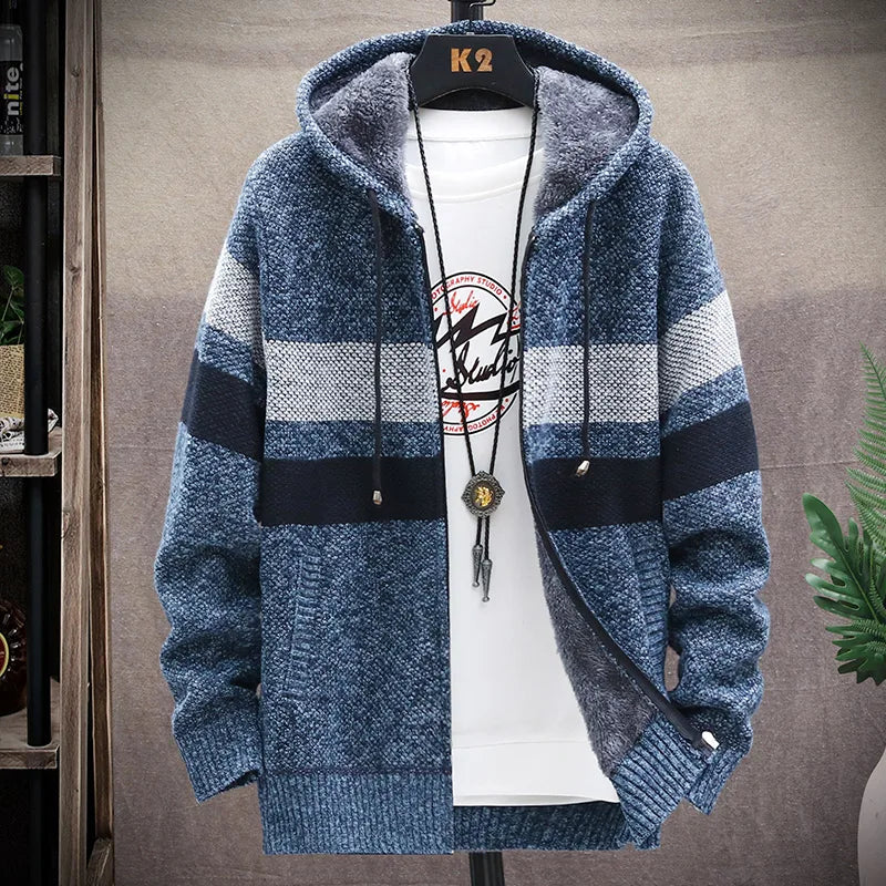 Men's Striped Cardigan Winter Sweater Fleece Jumper Hooded Clothes Harajuku Japanese Casual Windbreaker Korean Knit Jacket Coat