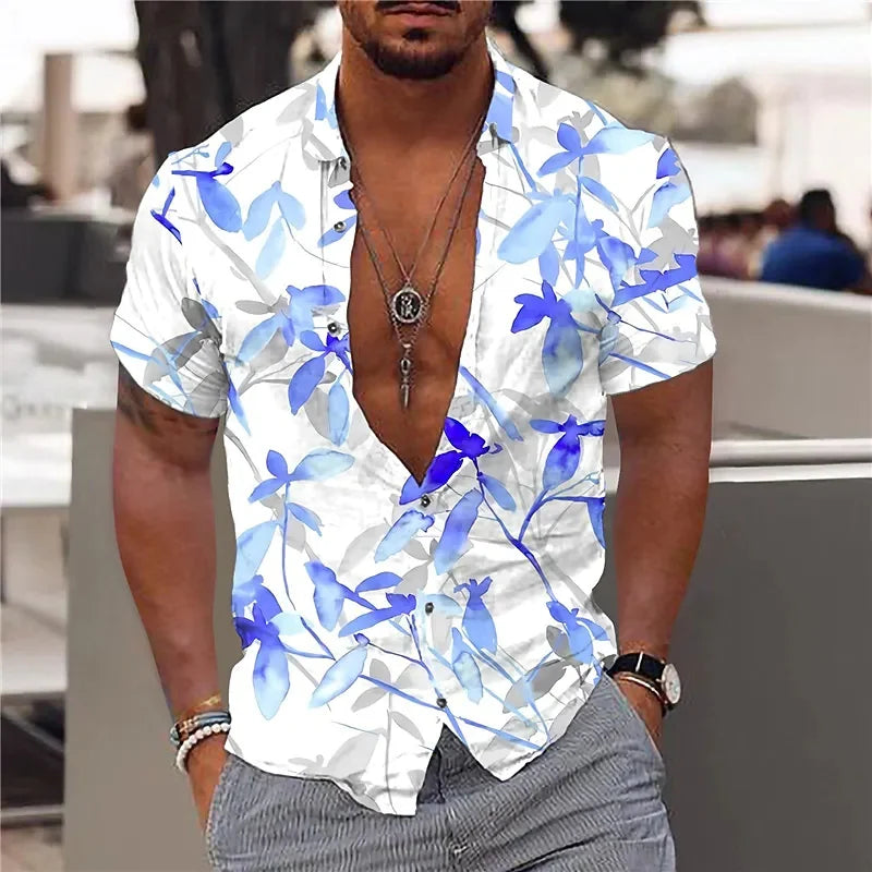 Hawaiian Shirt For Men Vacation Daily Slim Fit Tops Gym Elegant Flower Pattern Leaves Social Casual Fashion Camisa Y2k Clothing