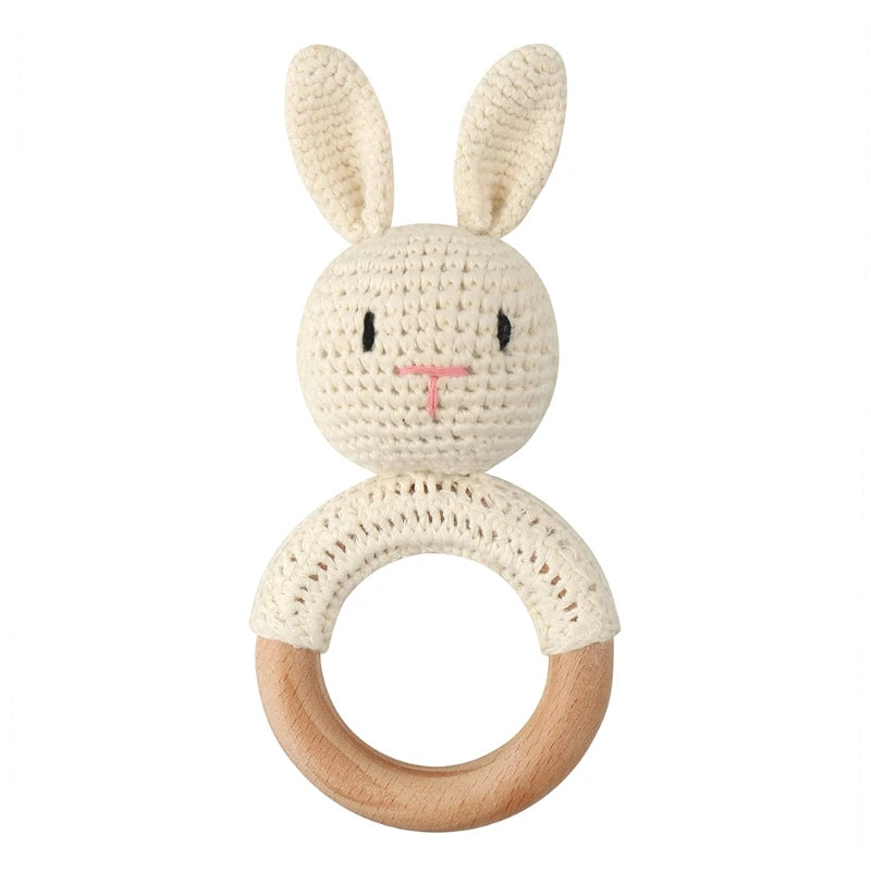 1Set Crochet Bunny Baby Teether Rattle Safe Beech Wooden Teether Ring Pacifier Clip Chain Set Newborn Mobile Gym Educational Toy