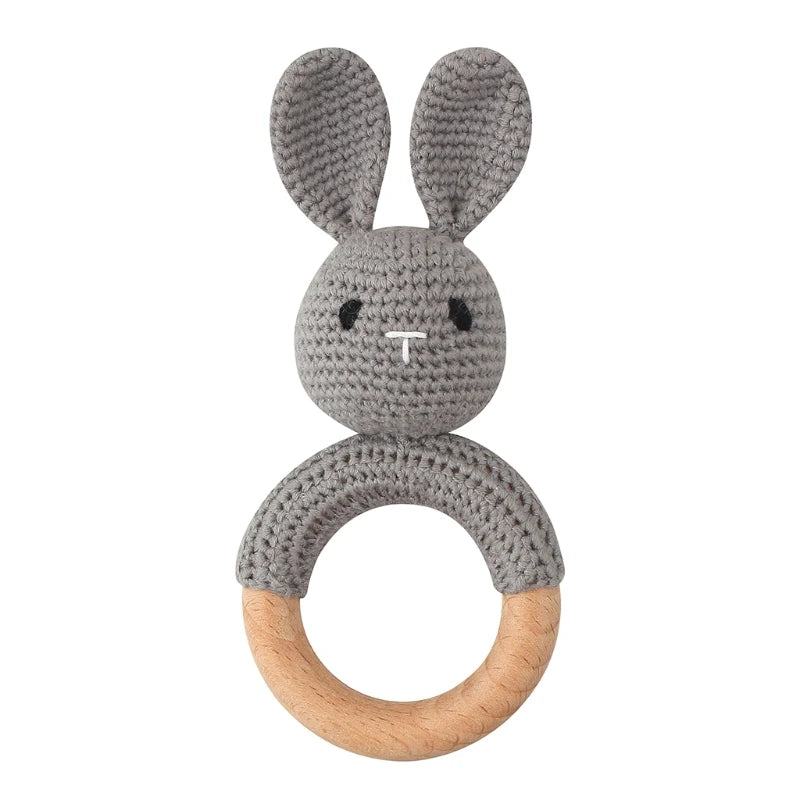 1Set Crochet Bunny Baby Teether Rattle Safe Beech Wooden Teether Ring Pacifier Clip Chain Set Newborn Mobile Gym Educational Toy