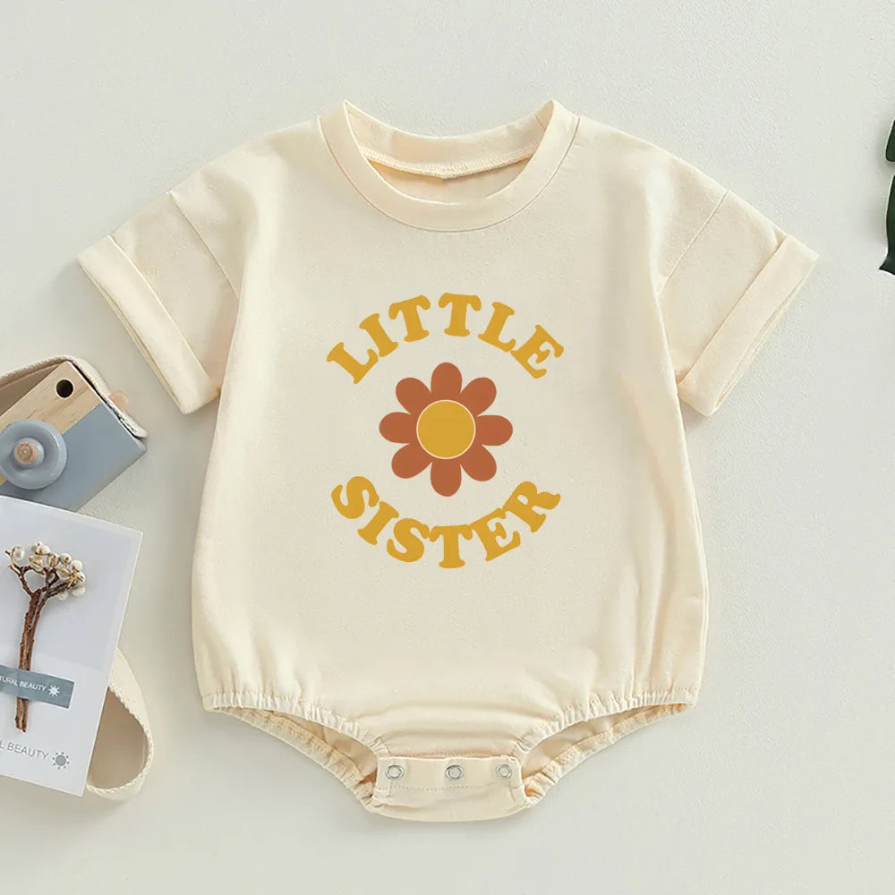 Retro Big/Little Sister&flower Print Family Matching Outfit Casual Sister Outfits Kids Tshirt+Baby Romper Summer Child Gifts
