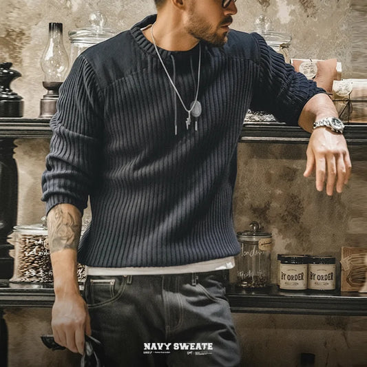 Maden Vertical Stripe Sweater O-Neck Slim Fit Men’s Retro Knitted Pullover Patch Stitching Design Classic Sweaters Men Clothing