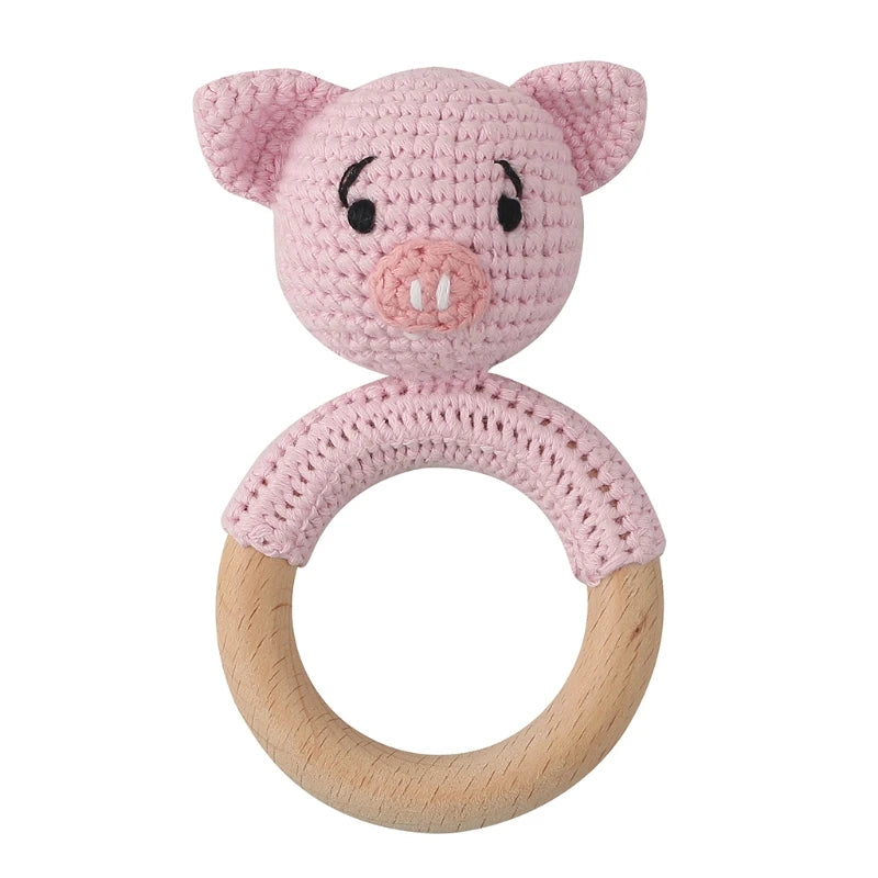 1Set Crochet Bunny Baby Teether Rattle Safe Beech Wooden Teether Ring Pacifier Clip Chain Set Newborn Mobile Gym Educational Toy