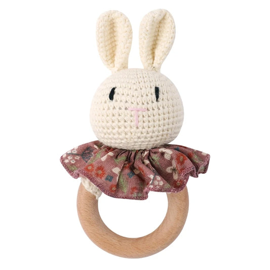 1Set Crochet Bunny Baby Teether Rattle Safe Beech Wooden Teether Ring Pacifier Clip Chain Set Newborn Mobile Gym Educational Toy