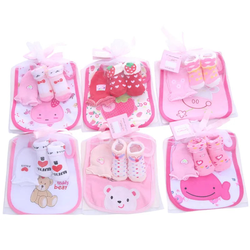 Baby Cotton Bibs +Gloves +Socks Sets Bag Cute Kawaii Newborn Kids Burp Cloths for Children Boys Girls Accessories Birthday Gift