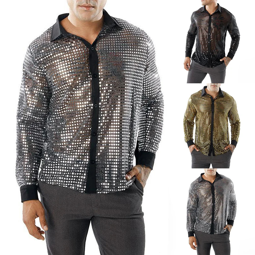 Men's Sparkly Sequins Party Dance Shirts Fashion Lapel Collar Long Sleeve Retro 70s Disco Stage Shirt Tops Men's Clothing