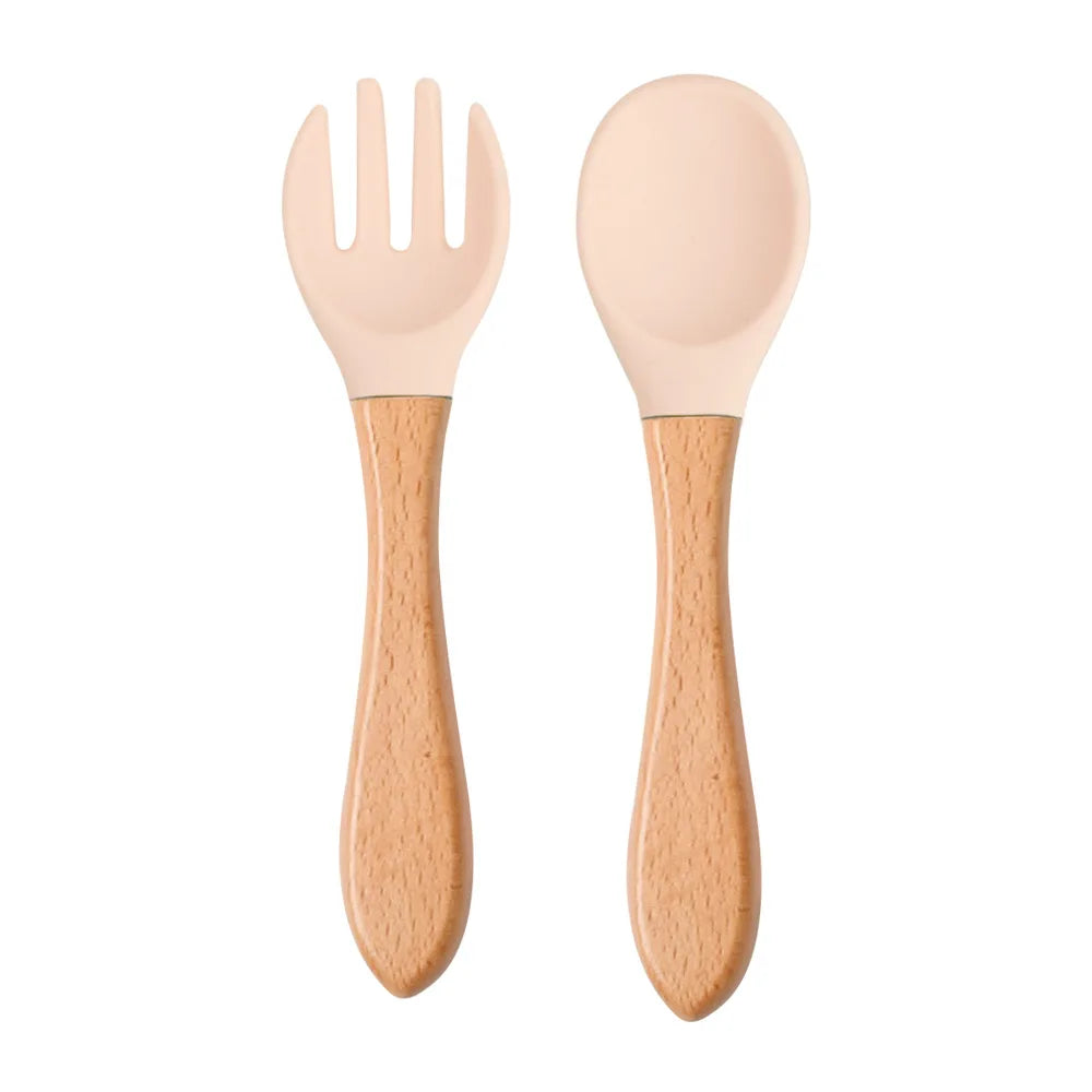 2pcs/set Food Grade Silicone Mini Fork Spoon For Baby Wooden Print Utensils Set Feeding Spoon Learn To Eat Children's Tableware