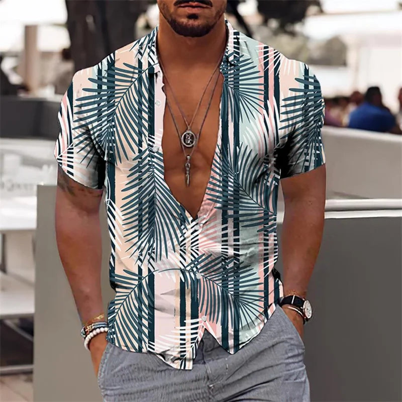 Hawaiian Shirt For Men Vacation Daily Slim Fit Tops Gym Elegant Flower Pattern Leaves Social Casual Fashion Camisa Y2k Clothing