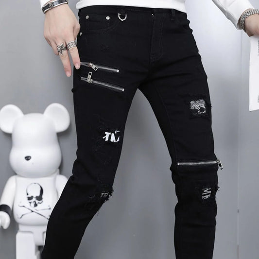 2024 Spring and Autumn Fashion Black Ripped Stretch Jeans Men's Casual Slim Breathable High-Quality Straight Leg Pants 28-36