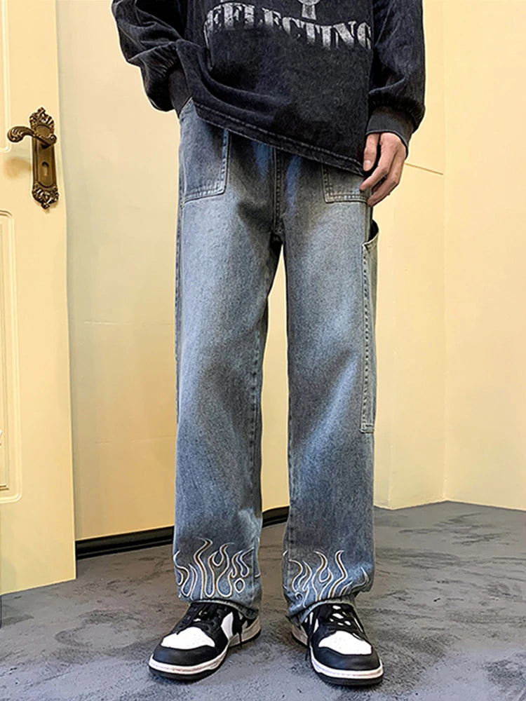 Y2K Vintage Flame Printed Jeans For Men Baggy Streetwear Wide Leg Denim Trousers 2025 New Hip Hop Fashion Straight Pantalones