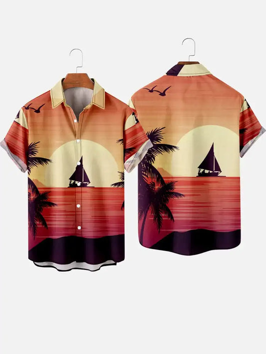 Men's Hawaiian coconut tree pattern shirts Summer beach sunset shirt Men's casual short sleeved shirt Exquisite 3D printed shirt