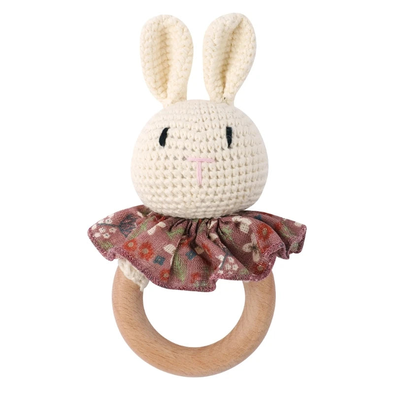 1Set Crochet Bunny Baby Teether Rattle Safe Beech Wooden Teether Ring Pacifier Clip Chain Set Newborn Mobile Gym Educational Toy