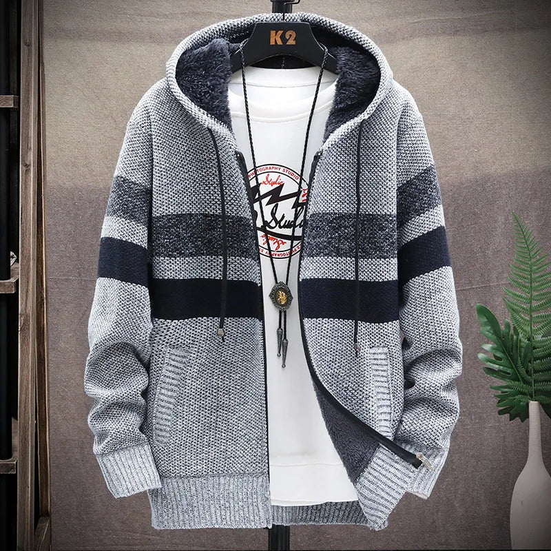 Men's Striped Cardigan Winter Sweater Fleece Jumper Hooded Clothes Harajuku Japanese Casual Windbreaker Korean Knit Jacket Coat