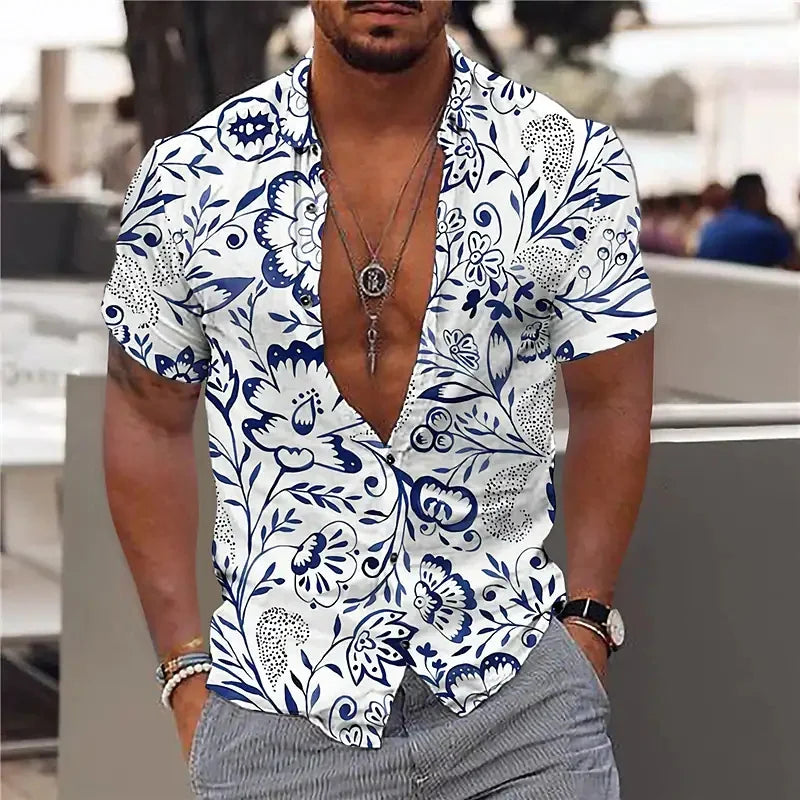 Hawaiian Shirt For Men Vacation Daily Slim Fit Tops Gym Elegant Flower Pattern Leaves Social Casual Fashion Camisa Y2k Clothing