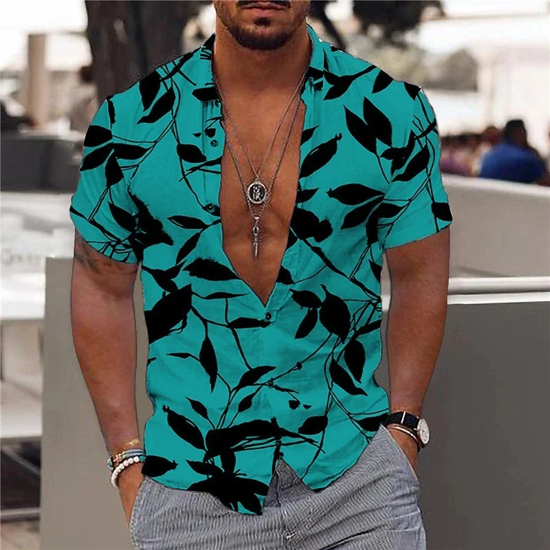 Hawaiian Shirt For Men Vacation Daily Slim Fit Tops Gym Elegant Flower Pattern Leaves Social Casual Fashion Camisa Y2k Clothing