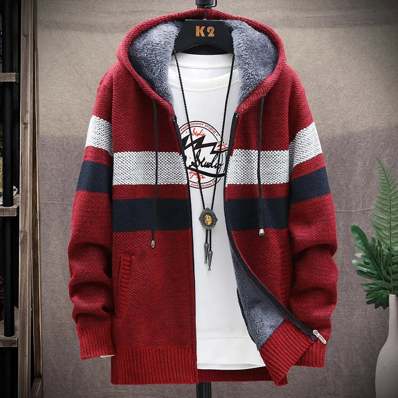 Men's Striped Cardigan Winter Sweater Fleece Jumper Hooded Clothes Harajuku Japanese Casual Windbreaker Korean Knit Jacket Coat