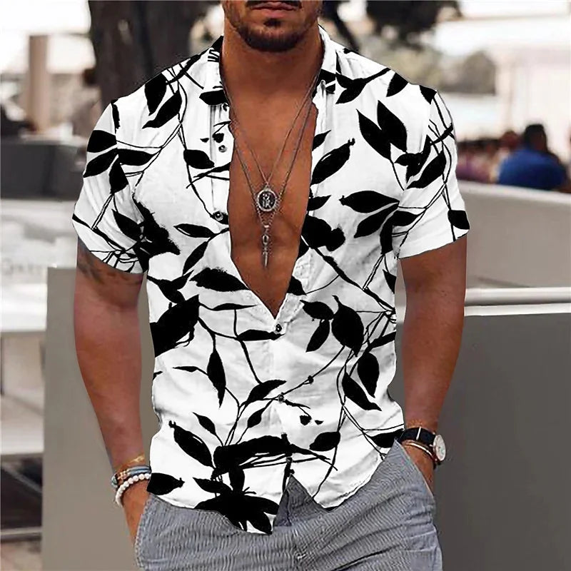 Hawaiian Shirt For Men Vacation Daily Slim Fit Tops Gym Elegant Flower Pattern Leaves Social Casual Fashion Camisa Y2k Clothing