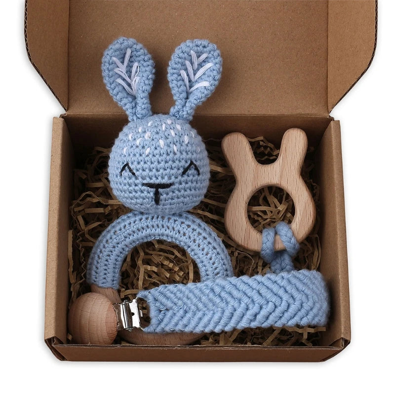 1Set Crochet Bunny Baby Teether Rattle Safe Beech Wooden Teether Ring Pacifier Clip Chain Set Newborn Mobile Gym Educational Toy