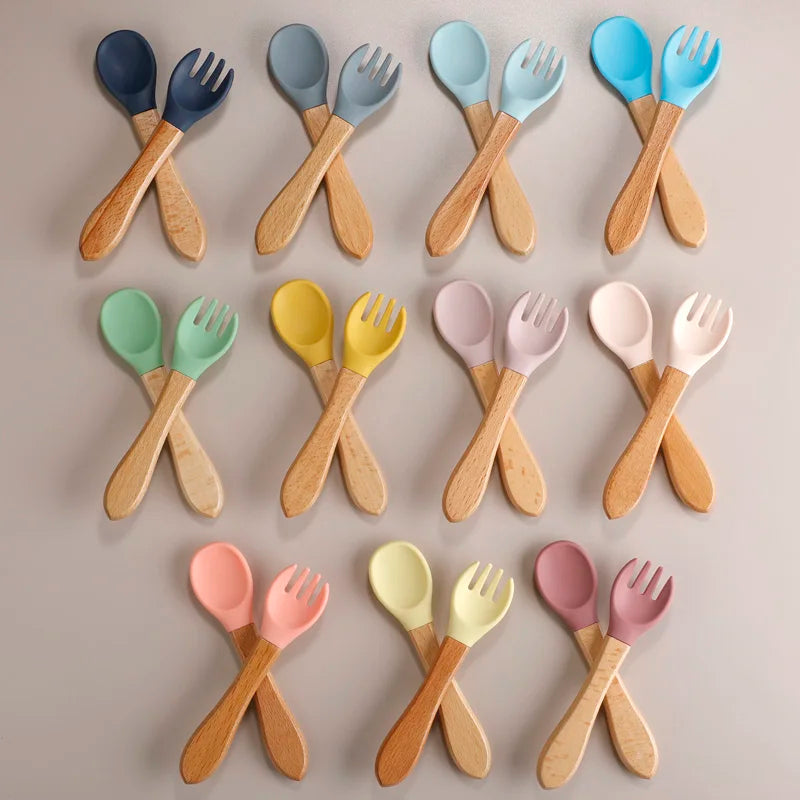 2pcs/set Food Grade Silicone Mini Fork Spoon For Baby Wooden Print Utensils Set Feeding Spoon Learn To Eat Children's Tableware