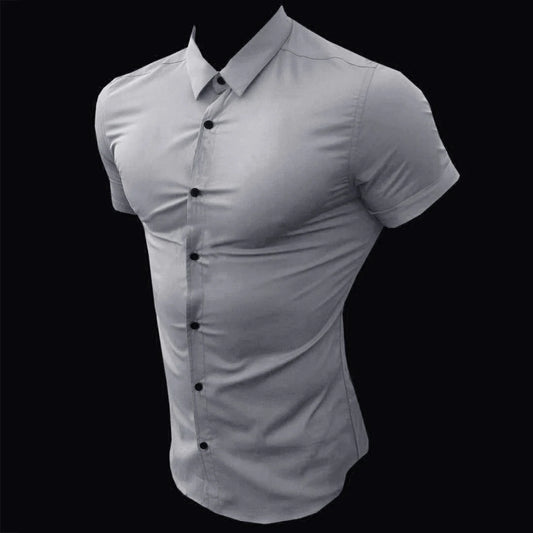 Summer Fashion Man Short Sleeve Shirt Solid Fitness Mens Turn-down Collar Super Slim Fit Business Dress Shirt Button Gym Tops