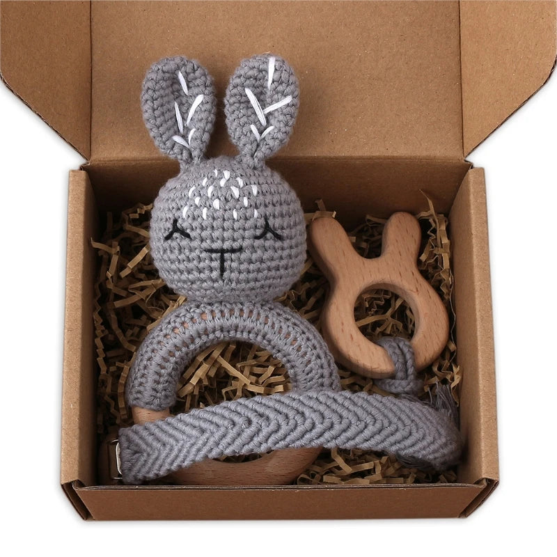 1Set Crochet Bunny Baby Teether Rattle Safe Beech Wooden Teether Ring Pacifier Clip Chain Set Newborn Mobile Gym Educational Toy
