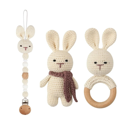 3/4pcs Handmade Crochet Baby deer/Rabbit Stuffed Dolls Newborn Bunny Rattle Toy Wooden Teething Ring Pacifier Chain Clips