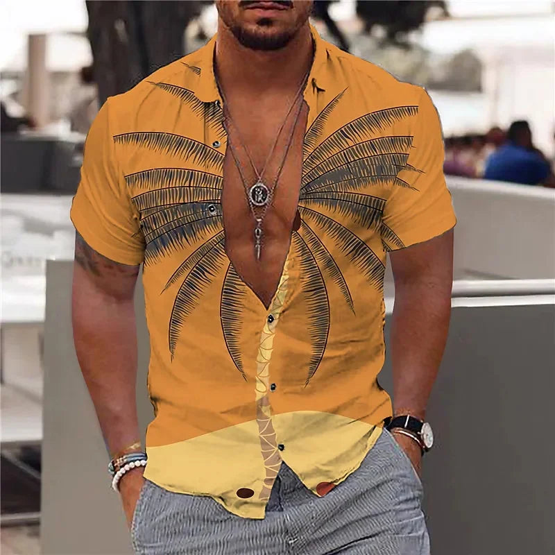 Hawaiian Shirt For Men Vacation Daily Slim Fit Tops Gym Elegant Flower Pattern Leaves Social Casual Fashion Camisa Y2k Clothing