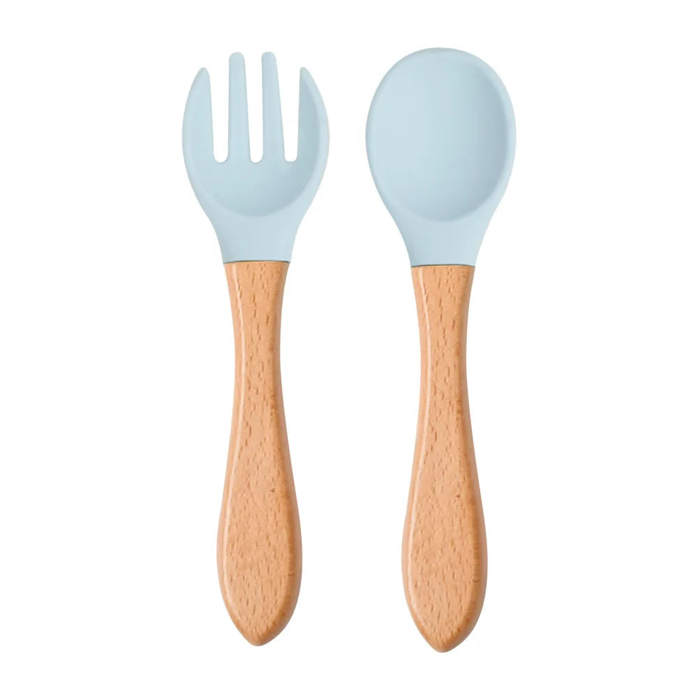 2pcs/set Food Grade Silicone Mini Fork Spoon For Baby Wooden Print Utensils Set Feeding Spoon Learn To Eat Children's Tableware