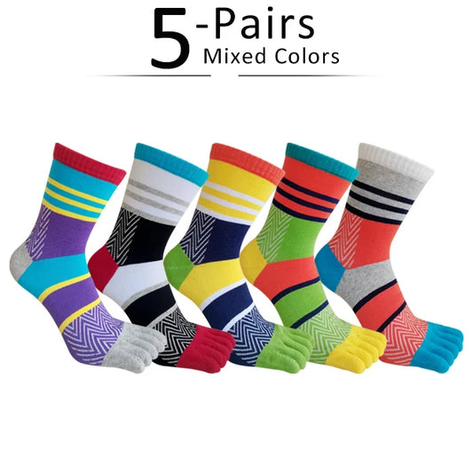 5 Pairs Man 5 Finger Socks Cotton Colorful Striped Sweat-Absorbing Beautiful Young Fashion Party Dress Short Toe Happy Socks