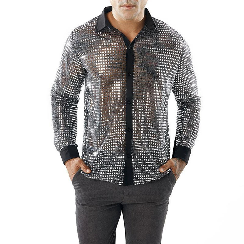 Men's Sparkly Sequins Party Dance Shirts Fashion Lapel Collar Long Sleeve Retro 70s Disco Stage Shirt Tops Men's Clothing