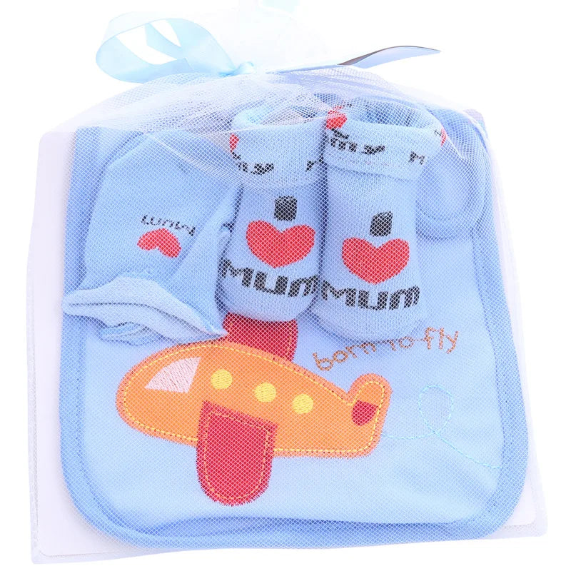 Baby Cotton Bibs +Gloves +Socks Sets Bag Cute Kawaii Newborn Kids Burp Cloths for Children Boys Girls Accessories Birthday Gift