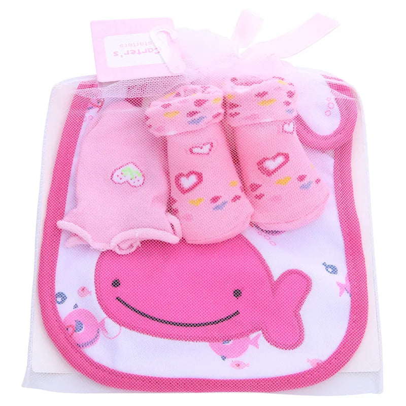 Baby Cotton Bibs +Gloves +Socks Sets Bag Cute Kawaii Newborn Kids Burp Cloths for Children Boys Girls Accessories Birthday Gift