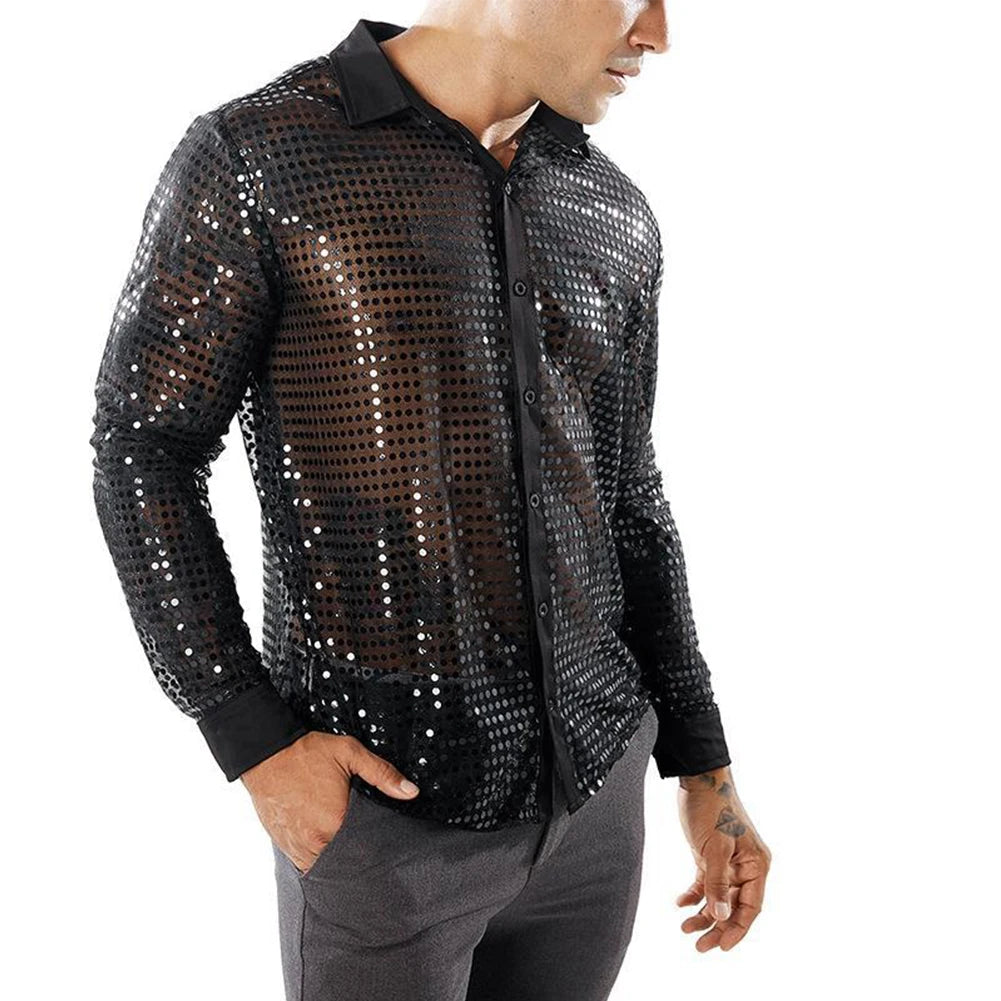 Men's Sparkly Sequins Party Dance Shirts Fashion Lapel Collar Long Sleeve Retro 70s Disco Stage Shirt Tops Men's Clothing