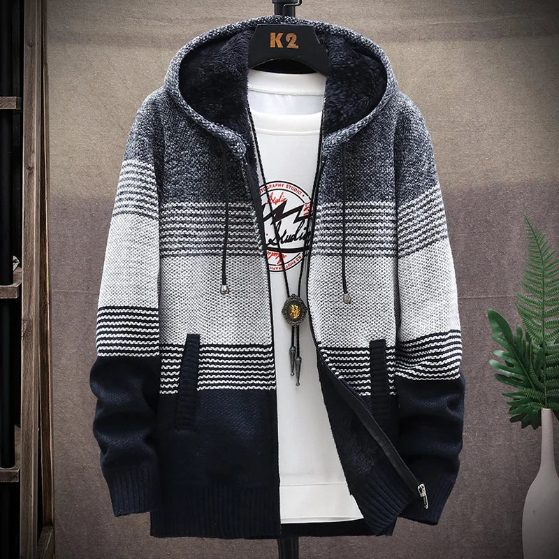 Men's Striped Cardigan Winter Sweater Fleece Jumper Hooded Clothes Harajuku Japanese Casual Windbreaker Korean Knit Jacket Coat